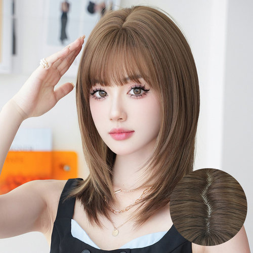 奶茶棕挑染假发女空气刘海层次内扣锁骨发仿真自然短发全头套wig