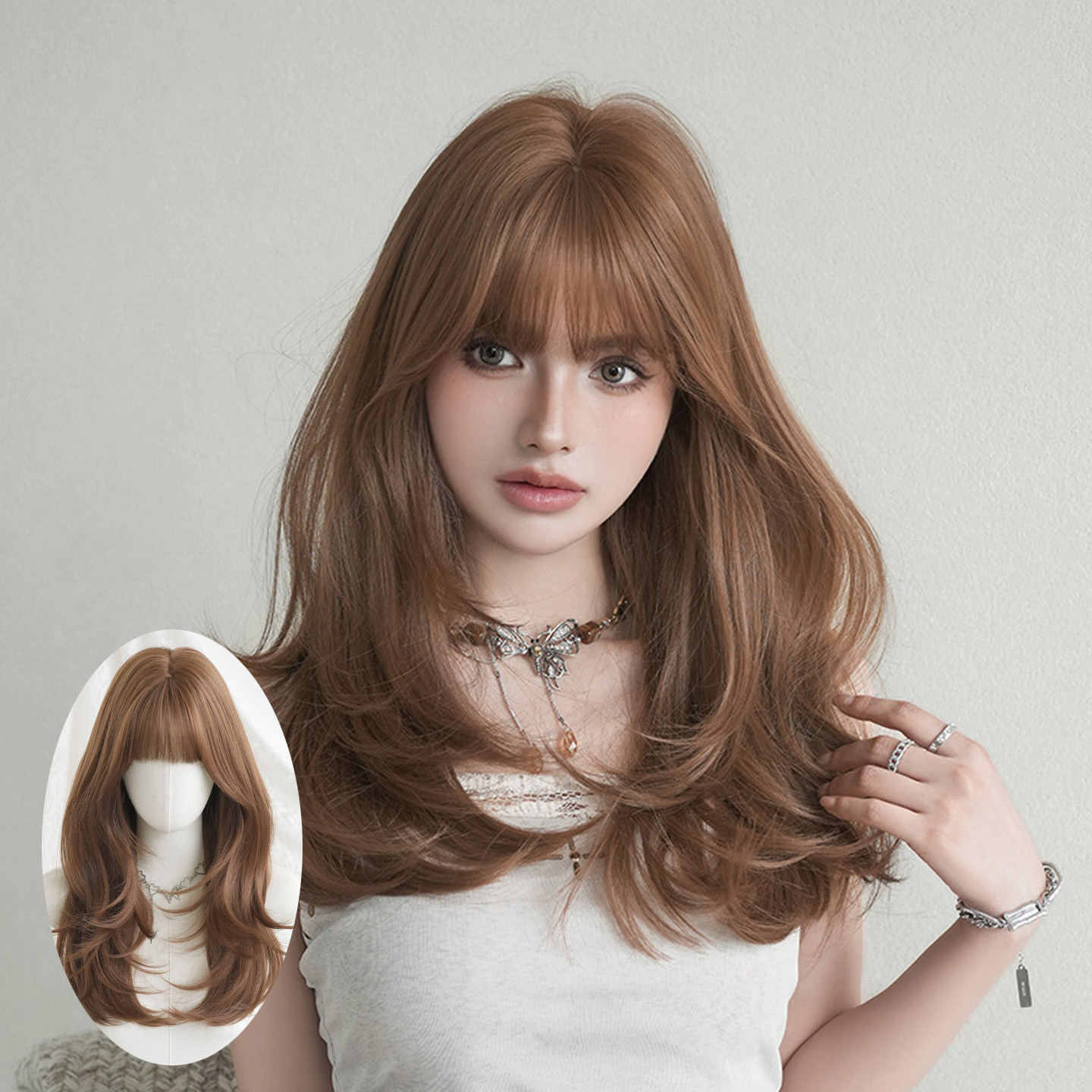 亚麻茶棕色假发女齐刘海中长卷发假发全头套显白蓬松仿真长发wigs