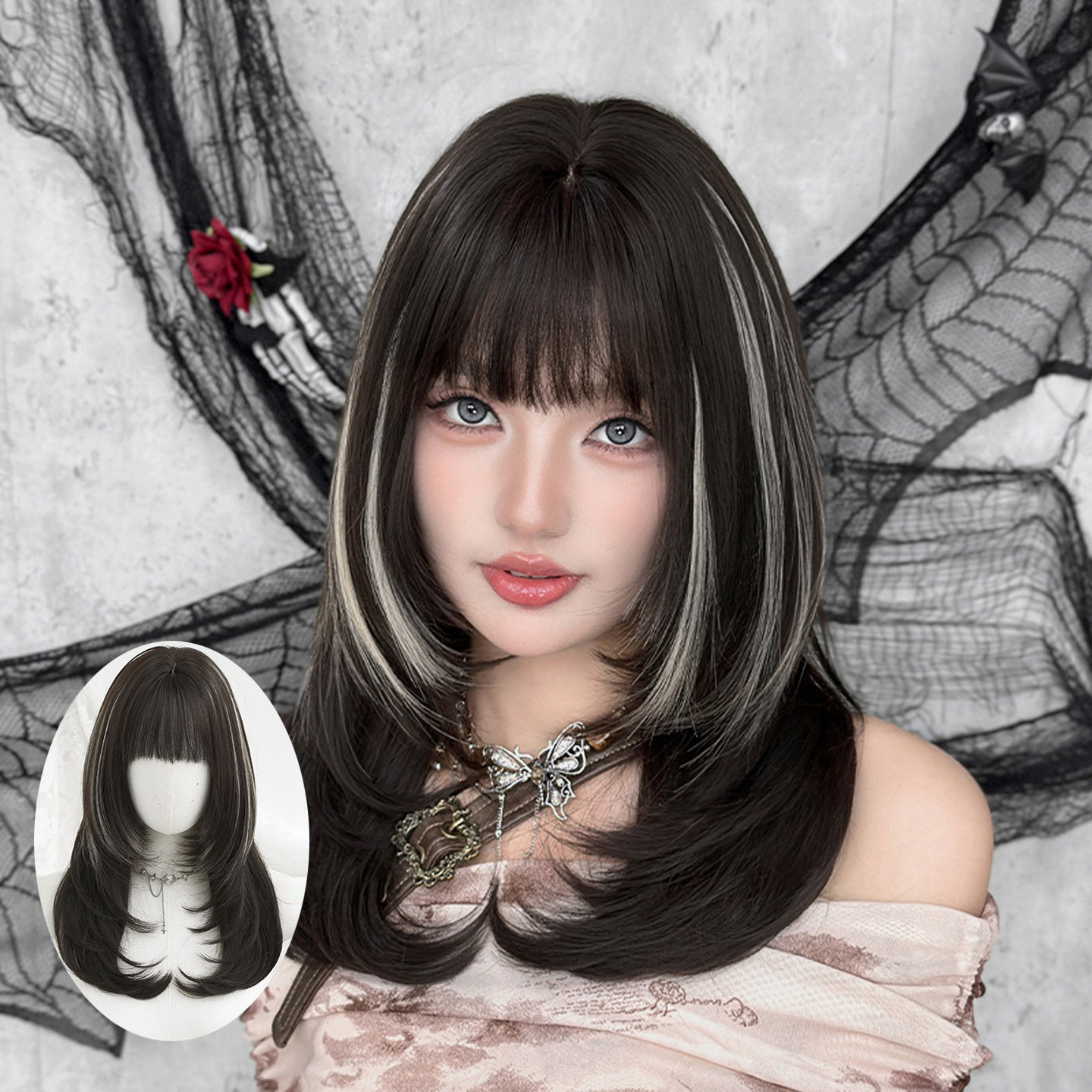 黑茶挑染灰色假发女齐刘海发尾内扣层次感中长直发假发仿真发wig