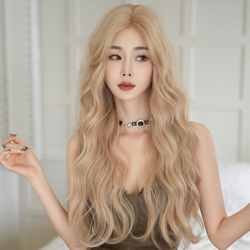 奶油米金色假发女手织蕾丝缝中分长卷发假发全头套蓬松长发wigs