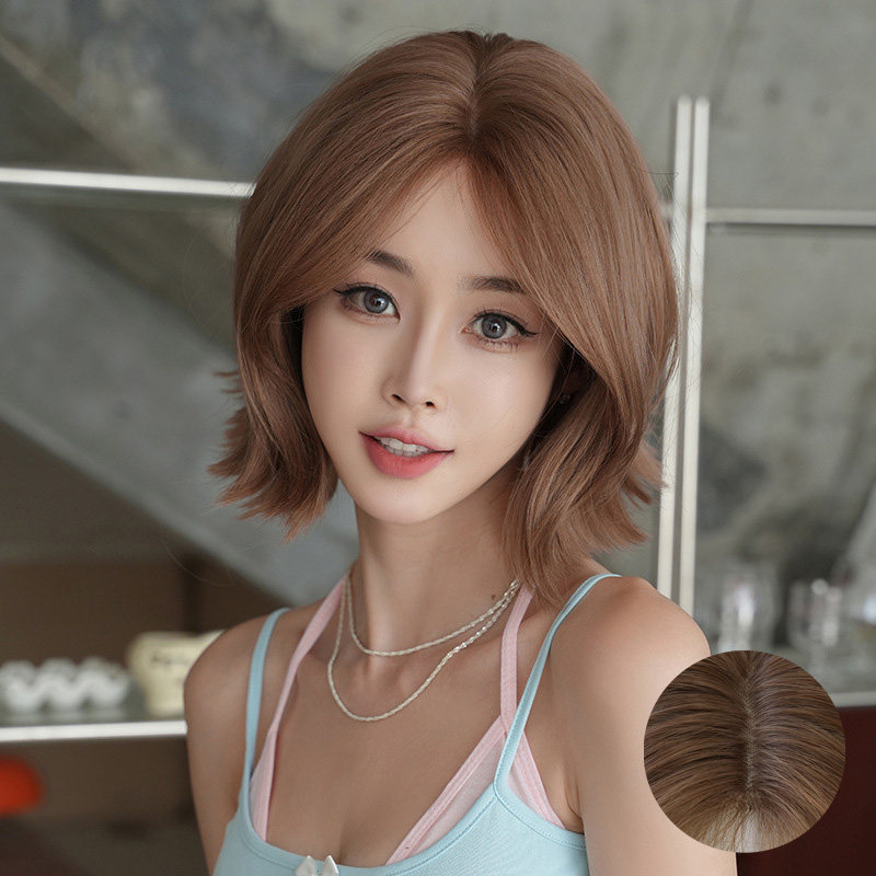 韩式金棕色假发女一字手织蕾丝中分短卷发假发全头套个性短发wigs