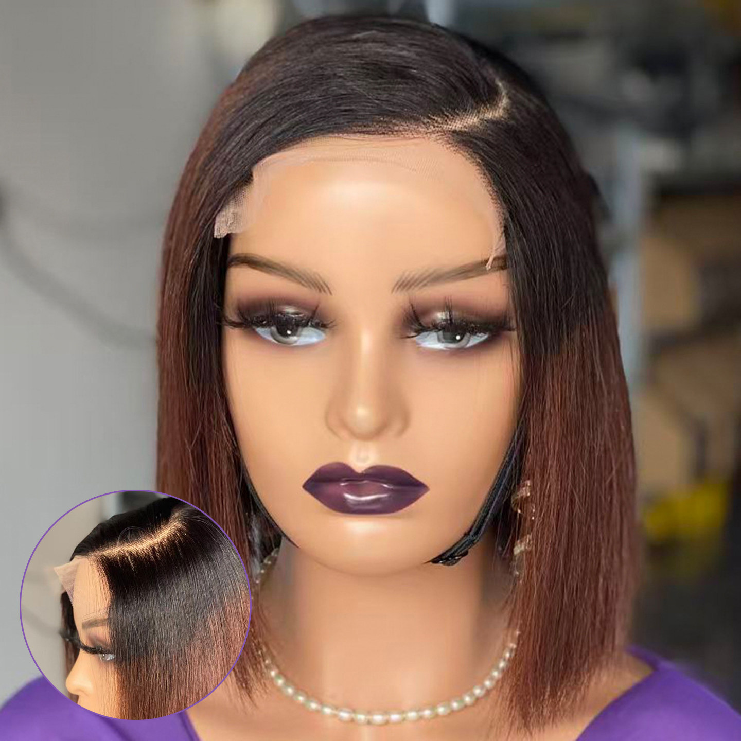 欧美假发女前手织蕾丝偏刘海短发真发头套棕色渐变短直发lace wig