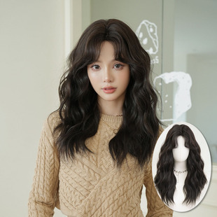黑茶色假发女中分长卷发假发头套蓬松仿真几字刘海慵懒微卷发wigs