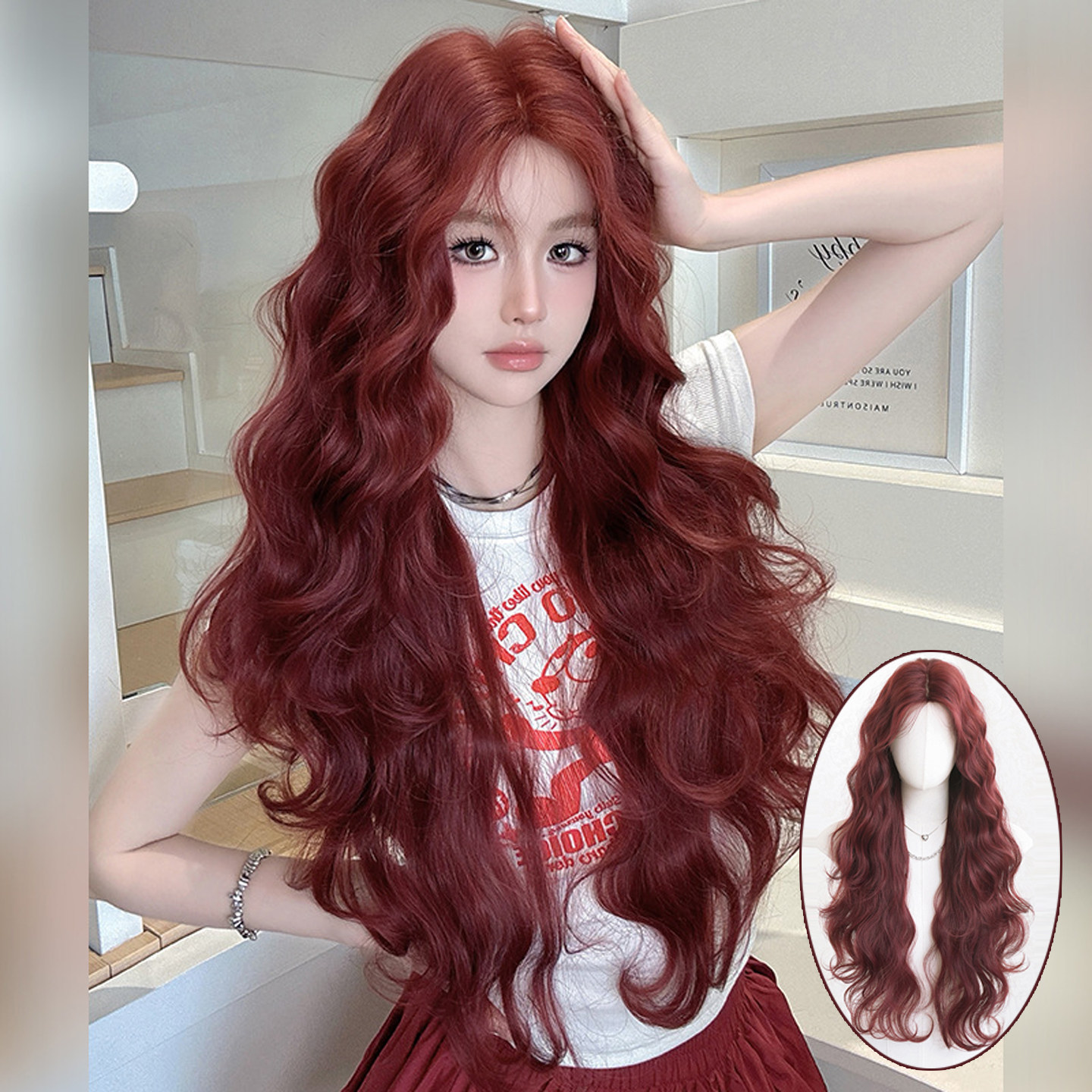 胭脂红色假发女小中分刘海水波纹假发潮色八字刘海长卷发头套wigs