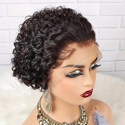 欧美假发女前蕾丝小卷发短发真发全头套Curly pixie cut lace wig