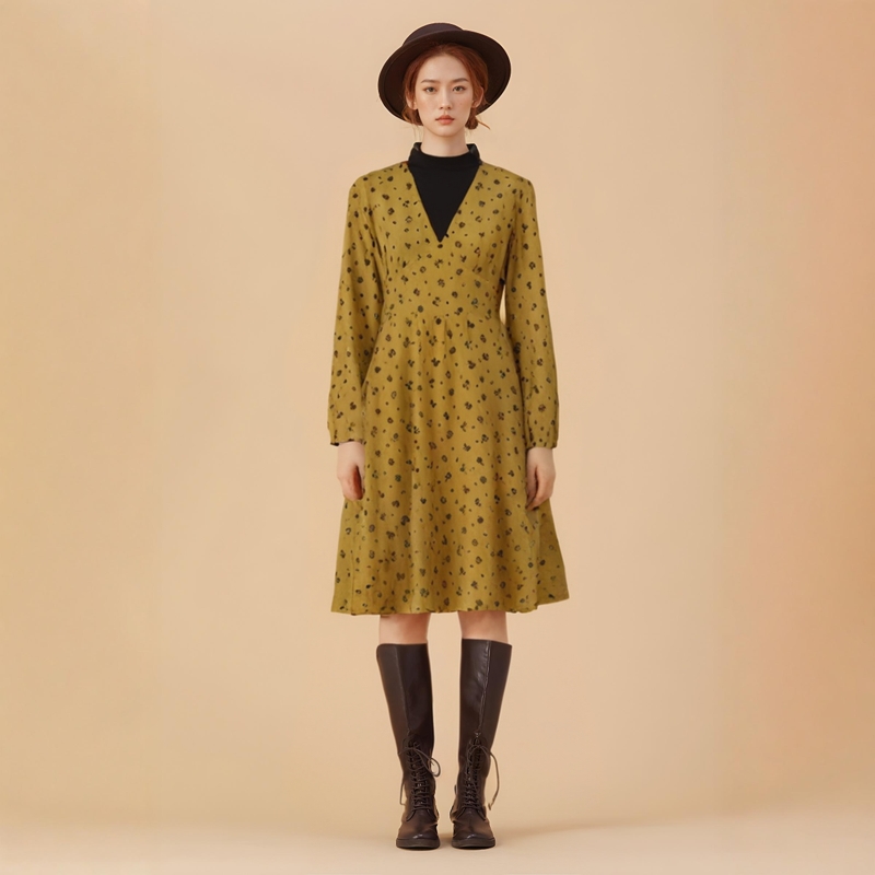 2024秋冬朵Y系列 衣佳人折扣女装 撞色拼接 小碎花 显瘦连衣裙