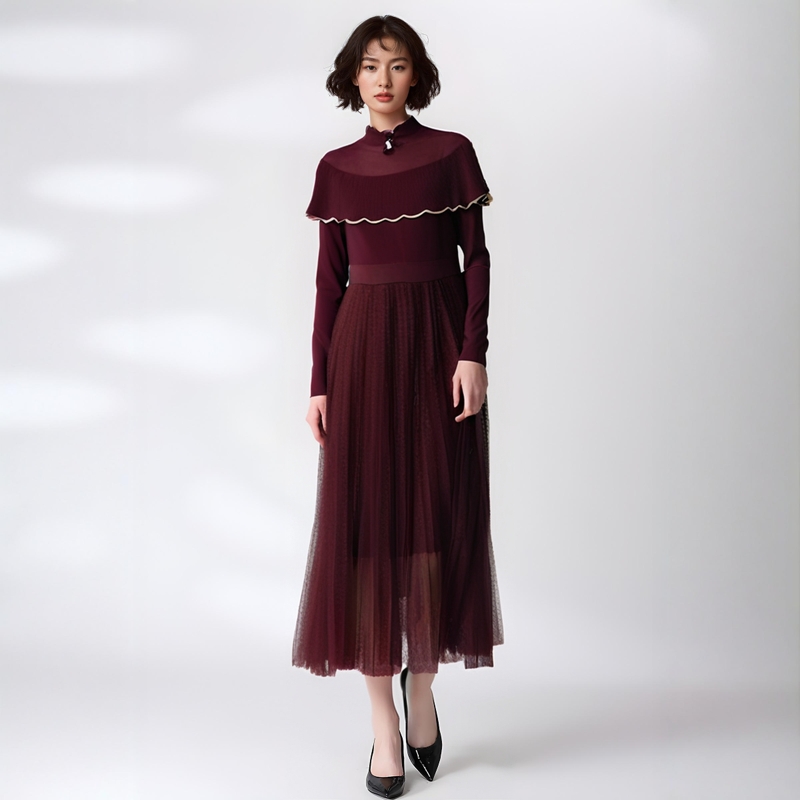 2024秋魅M系列 衣佳人折扣女装 冰丝针织拼接网纱长裙连衣裙