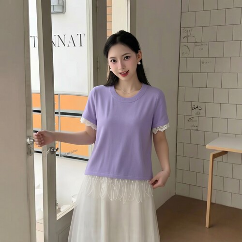 2026夏莱L系列1 衣佳人折扣女装 蕾丝装饰 高级感短袖针织衫 142