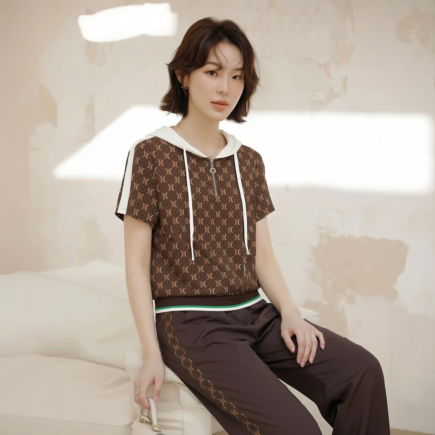 2026夏H海系列1 衣佳人折扣女 连帽 高级花色上衣拼裤子套装 201