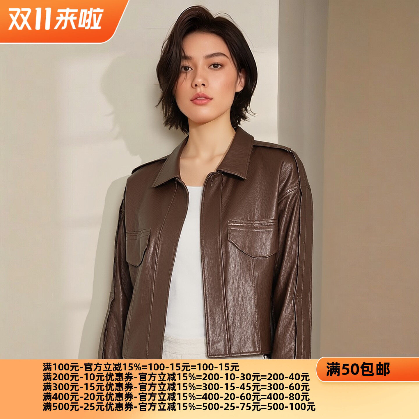 2026秋魅M系列 衣佳人折扣大码女 娃娃领 宽松休闲皮衣外套 3201
