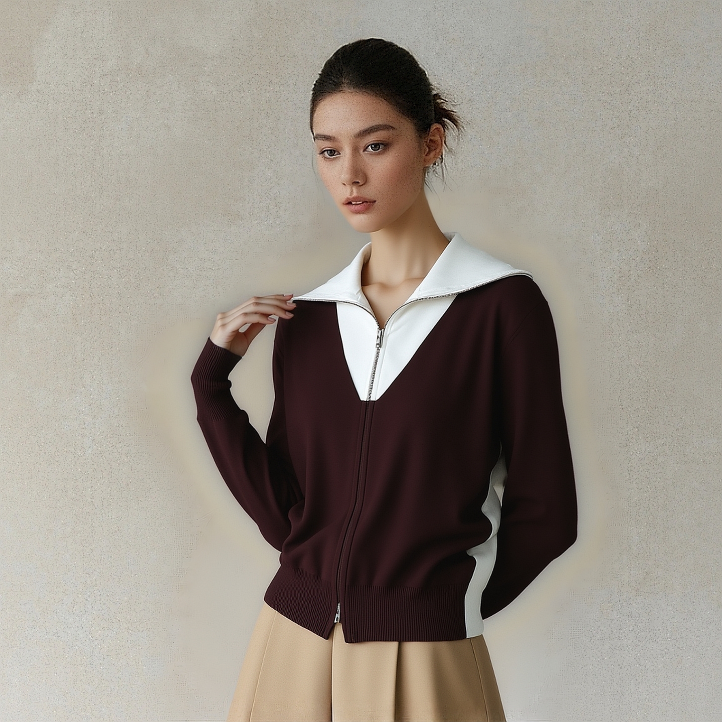 2025秋魅M系列 衣佳人折扣大码女装 翻领 撞色冰丝针织衫开衫1030