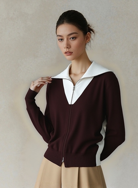 2025秋魅M系列 衣佳人折扣大码女装 翻领 撞色冰丝针织衫开衫1030