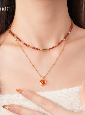 2025春当季新款 衣佳人折扣  红色石头串珠爱心项链复古毛衣链