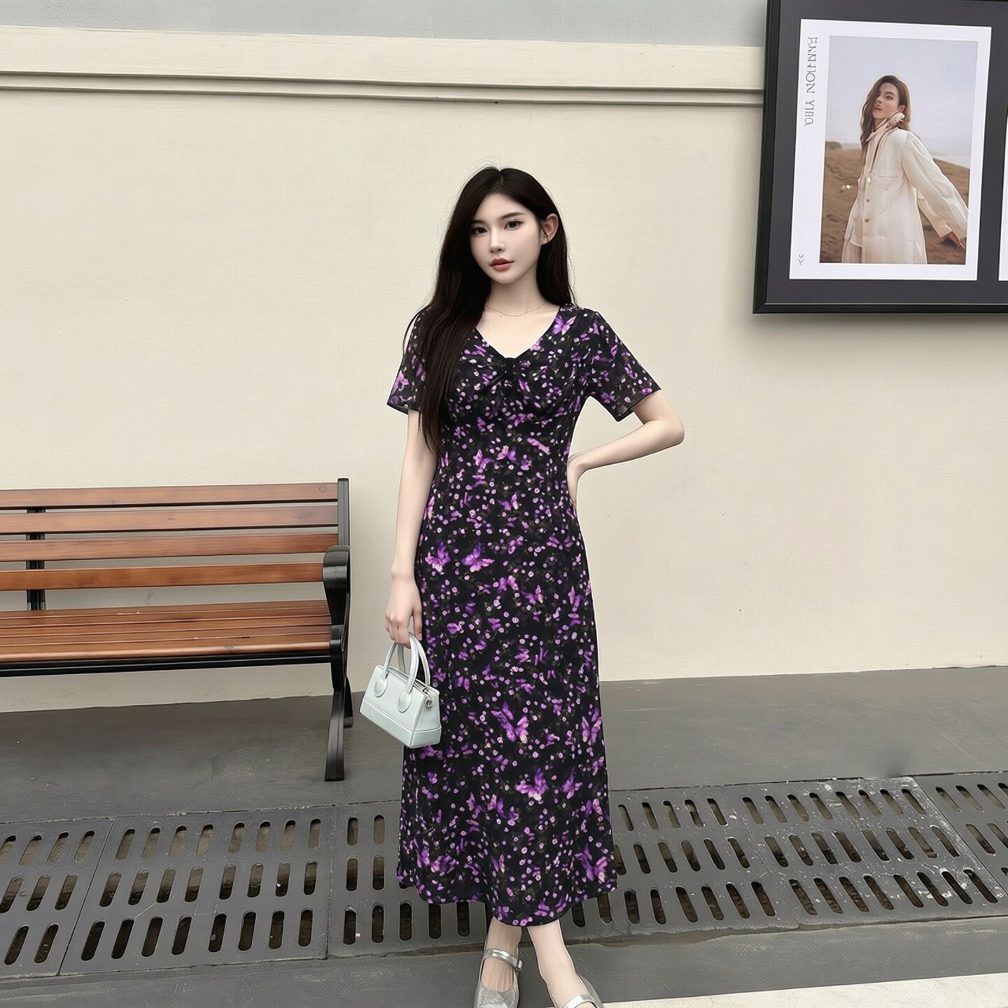 2026夏魅M系列 衣佳人折扣女装 V字领 褶皱碎花 雪纺连衣裙 2101