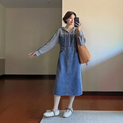 2026春魅M系列 衣佳人折扣女 连帽 撞色拼接 牛仔长裙连衣裙5183