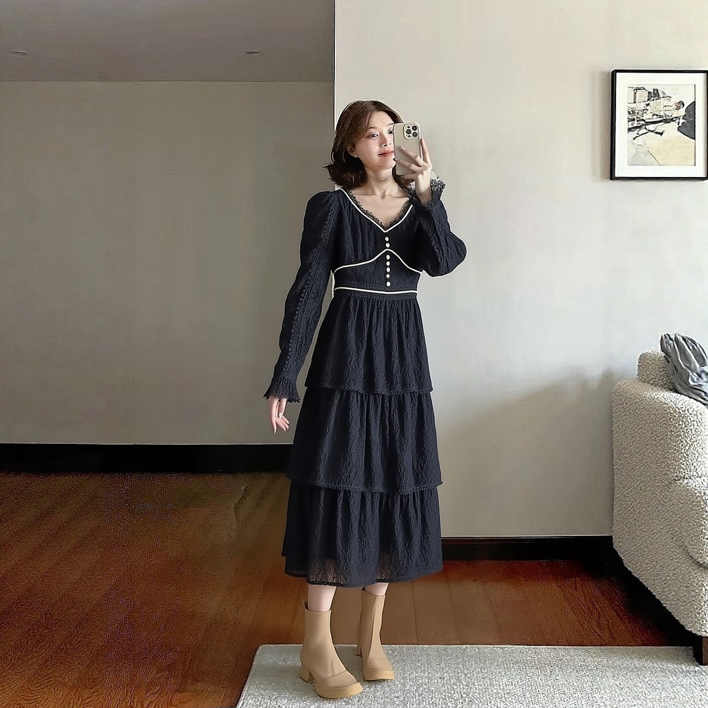 2025冬飘P系列 衣佳人折扣女装 V字领 蕾丝公主风连衣裙长裙 2158,女装/女士精品,连衣裙,淘宝优惠券,粉丝福利购,淘宝优惠卷