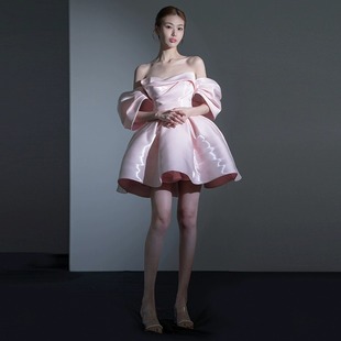 粉色一字肩小个子晚礼服法式轻奢生日party成人礼公主裙订婚裙子