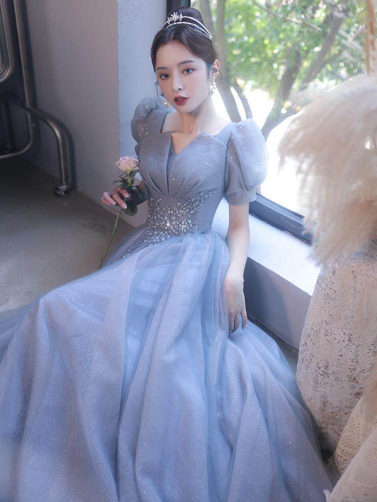 蓝色晚礼服裙女宴会气质轻奢小个子小众高级感艺考钢琴演出主持人