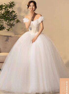 抹胸轻婚纱2026新款一字肩泡泡袖孕妇新娘齐地高腰公主蓬蓬裙显瘦