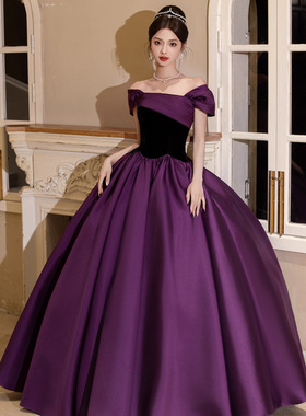 一字肩紫色艺考音乐会演出服气质高端年会主持人宴会派对晚礼服群