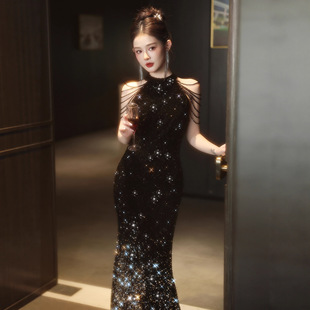 旗袍晚礼服女2026新款高级感轻奢小众高端新中式亮片年会鱼尾黑色