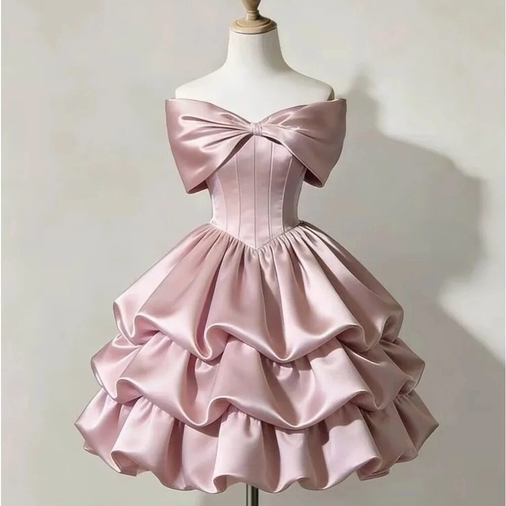 甜美晚礼服粉色缎面一字肩蝴蝶结花苞礼服裙跨境公主风生日礼服