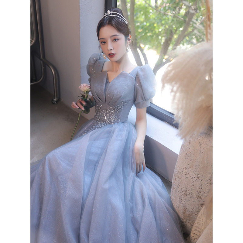 蓝色晚礼服裙女2026新款宴会质设计声乐艺考主持年会礼服深V领服