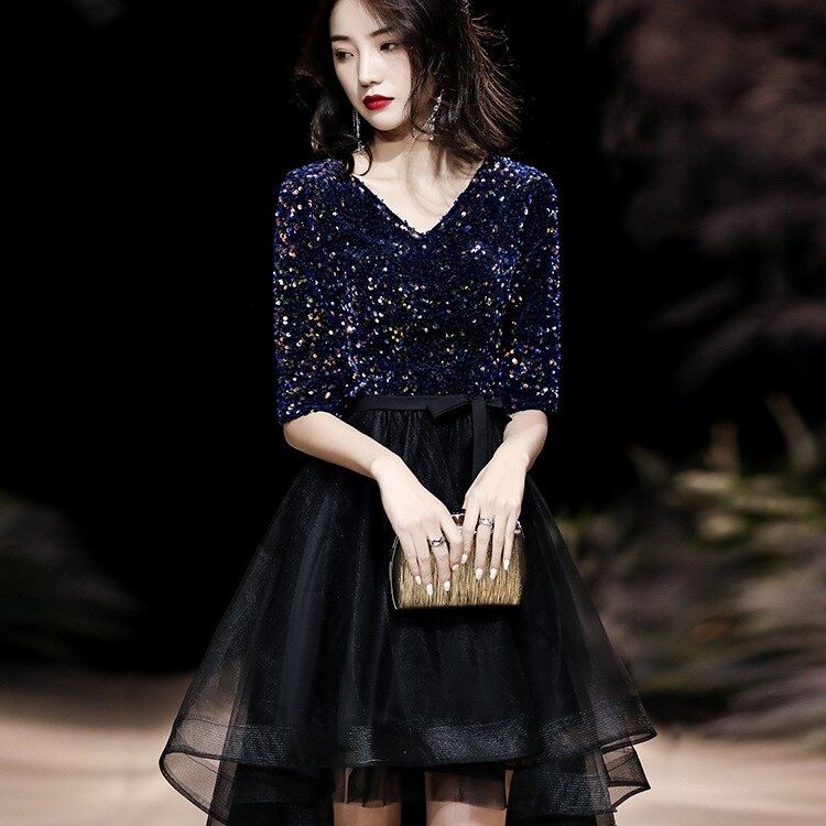 黑色晚礼服女2025新款小个子宴会气质年会连衣裙短款平时可穿亮片