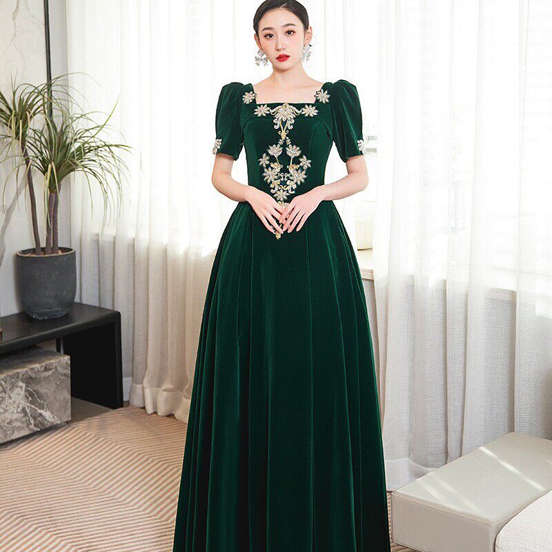 墨绿色晚礼服女钢琴演奏级感主持人连衣裙独唱艺考成人礼演出服