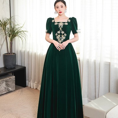 墨绿色晚礼服女钢琴演奏级感主持人连衣裙独唱艺考成人礼演出服