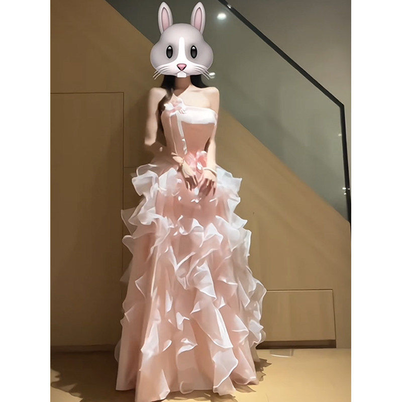 粉色抹胸晚礼服裙女成人礼学生日派对艺考年会主持人高级感蓬蓬裙