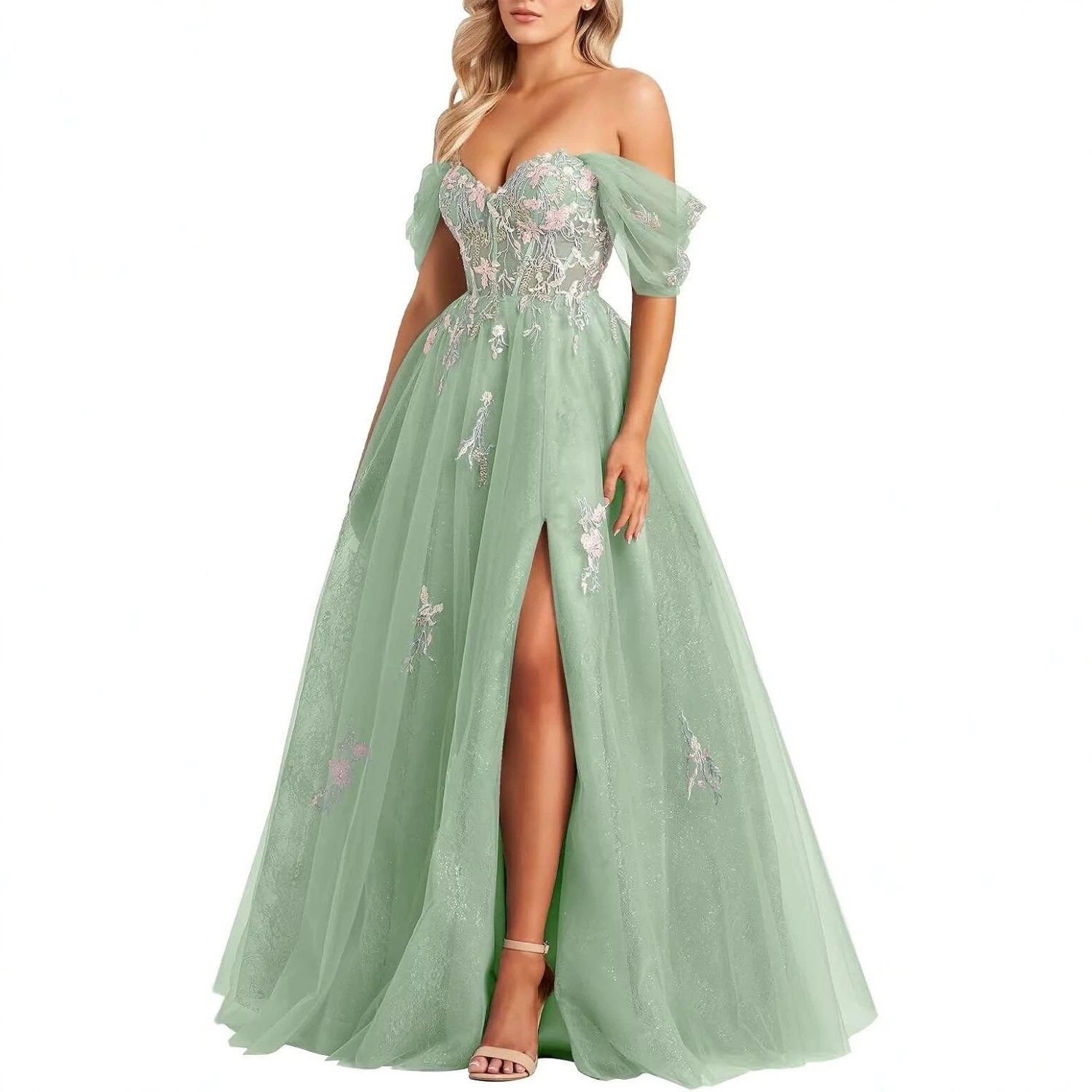 欧美礼服连衣裙薄纱刺绣舞会礼服女式2026 闪亮露肩紧身胸衣A字型