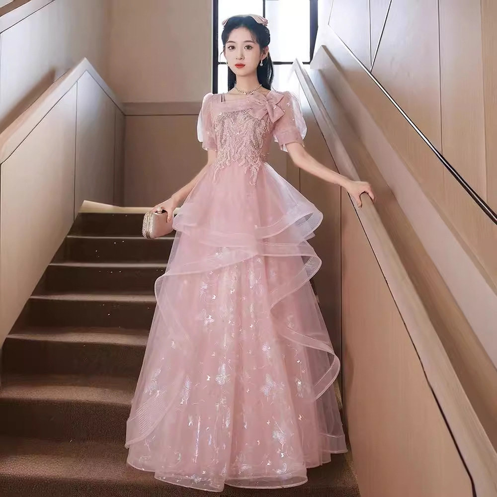 粉色晚礼服裙女2026新款轻奢小众高端高级感成人礼主持人艺考演出