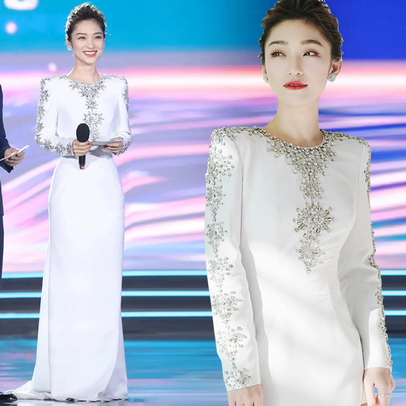 宴会晚礼服女2026秋季新款气质主持人简约气质T台时尚表演礼服
