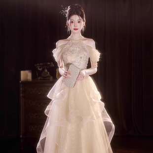香槟色气质长款晚礼服女挂脖式连衣裙主持学生成人礼仙气蓬蓬纱裙