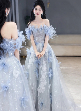 2026一字肩蓝色晚礼服学生艺考主持人礼服女钢琴小提琴气质演出服