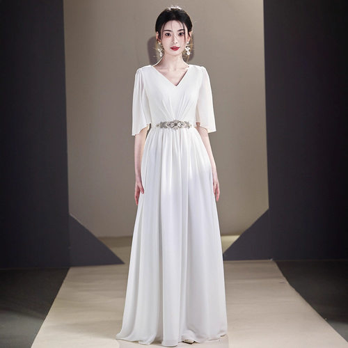 白色新款大合唱团演出服女主持舞台比赛宴会钢琴演奏晚礼服装长裙