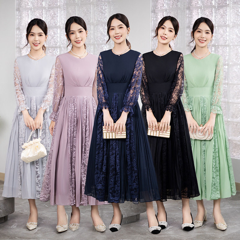 晚礼服裙女2026新款冬季森系晚宴蕾丝宴会气质显瘦长袖合唱演出服