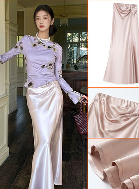 春季新款复古捏褶设计感醋酸鱼尾长裙气质高级显瘦半身裙女 N1019