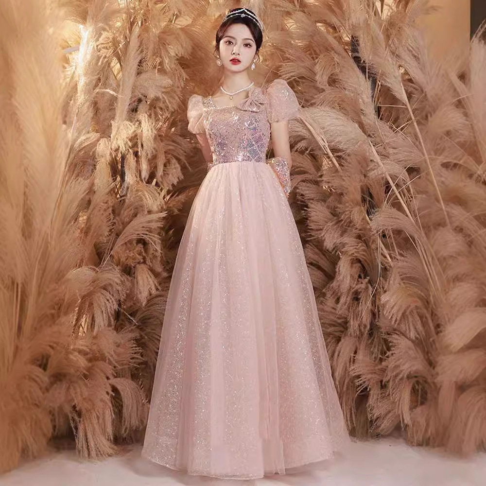 粉色亮片晚礼服女音乐生艺考气质风范宴会成人礼仙气年会连衣裙