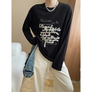 司南 SN7681 慵懶風(fēng)時(shí)髦設(shè)計(jì)感刺繡字母圓領(lǐng)T恤打底衫 早秋新款