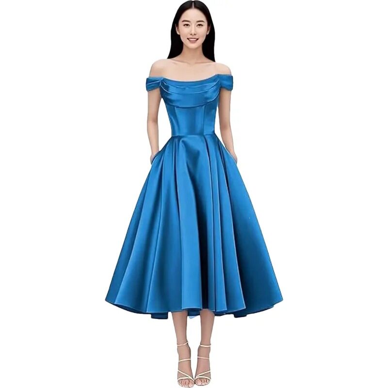 欧美外贸一字肩晚礼服跨境亚马逊轻奢缎面舞会派对日常礼服中长款