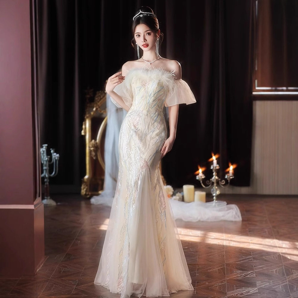 一字肩晚礼服女轻奢小众高端宴会艺考主持人新款绝美高级感鱼尾裙