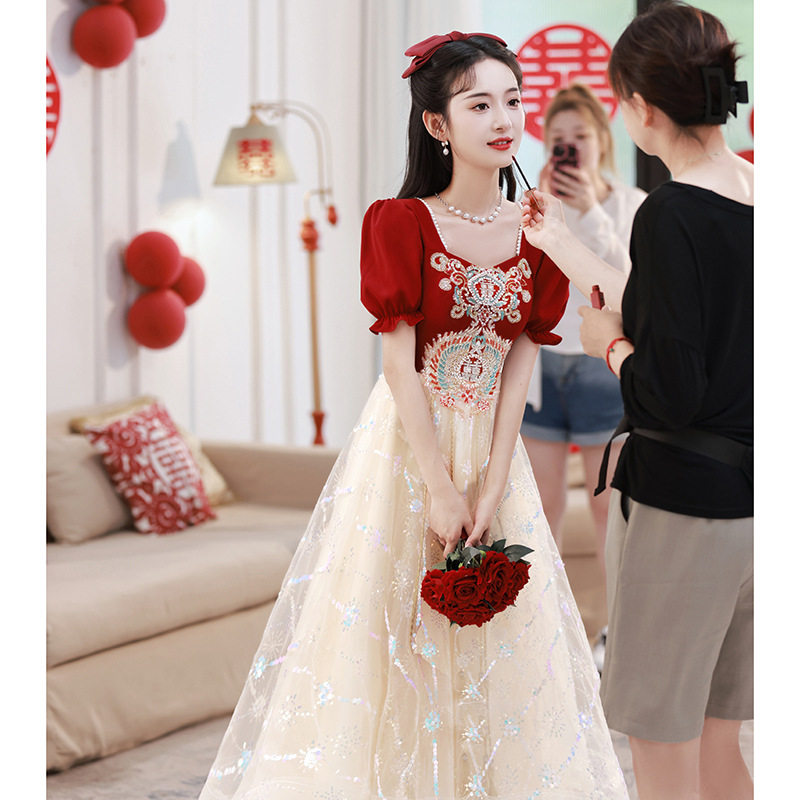 敬酒服2026新款新款红色新娘礼服出阁宴订婚晚礼服长款网纱连衣裙