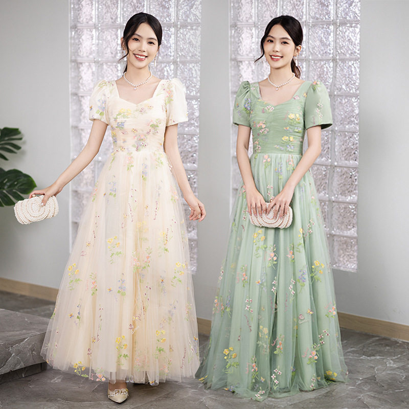 晚礼服女2026新款夏季网纱速卖通海外伴娘服结婚V领森系年会礼服