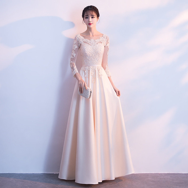 简单大方香槟色伴娘服姐妹团长袖长款显瘦大码胖mm宴会晚礼服裙女
