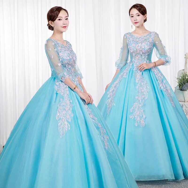 新款艺考服婚纱礼服彩纱演出蓬蓬裙主题婚纱舞台独唱演出服长款女