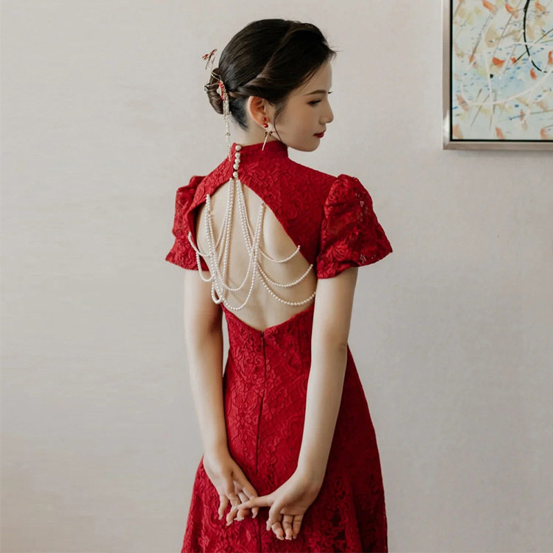 旗袍敬酒服新娘2026新款订婚结婚礼服裙女酒红色中式蕾丝气质夏季