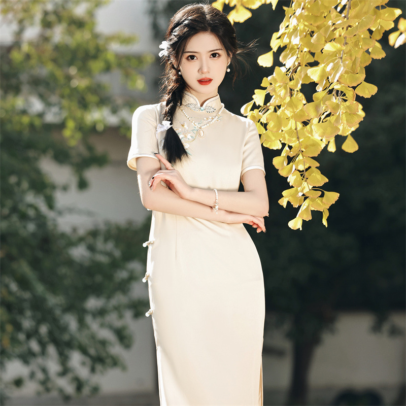 2025春夏新款仿醋酸绣花双层改良旗袍连衣裙清新文艺少女年轻款