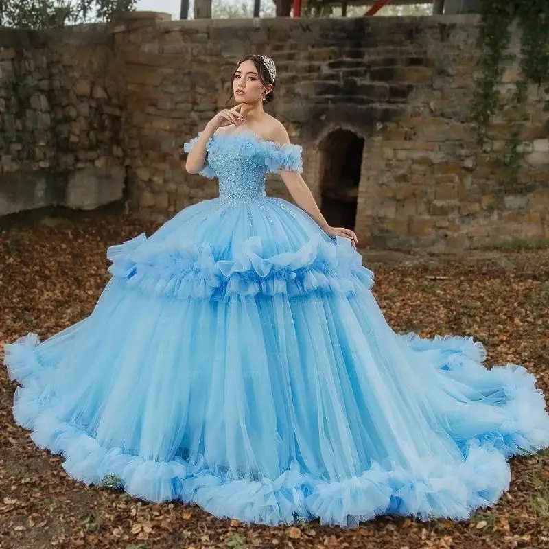 森系蓝色轻婚纱晚礼服一字肩蓬蓬裙生日宴会公主裙气质高级感长裙